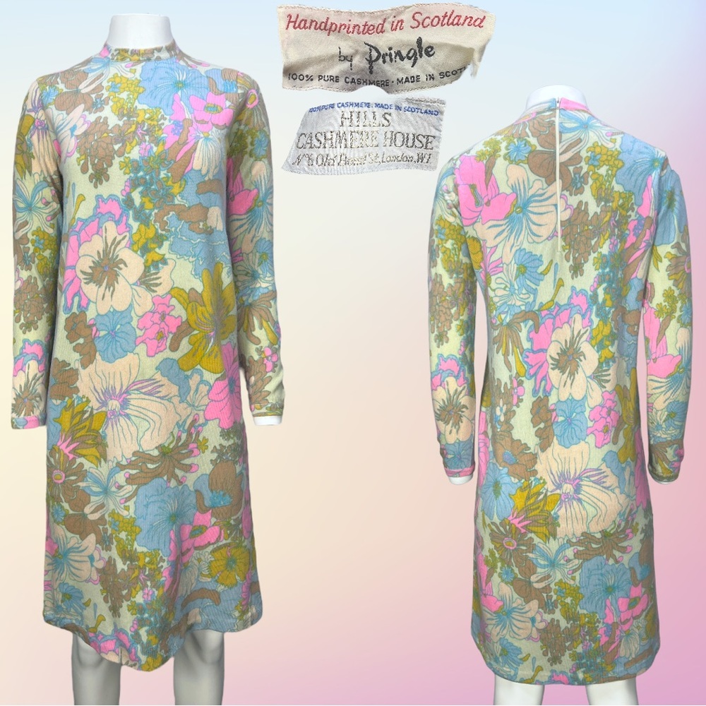 RARE VTG 60's/70's Floral Handprinted L/S Cashmere Sweater Dress By Pringle